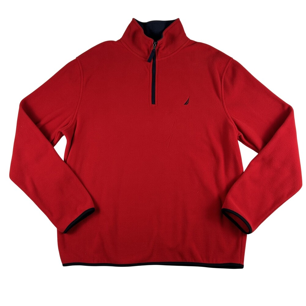 Nautica Sweatshirt Mens Large Red Fleece 1/4 Zip Pullover Mock Neck Navy Trim